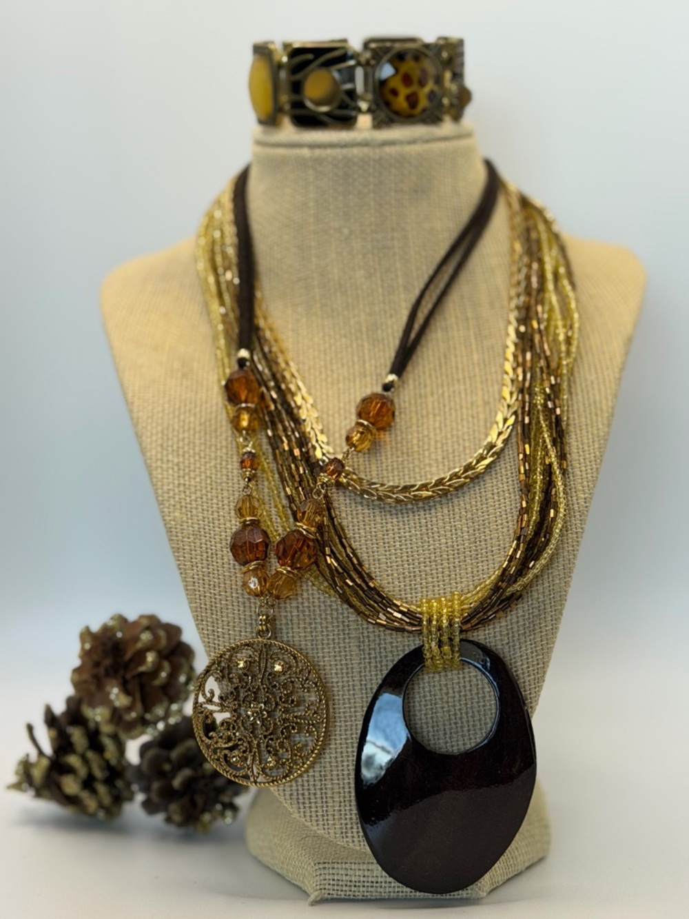 Bundle of 4- Multi-Strand Brown and Gold Pendant Necklace with Filigree Charm - - Picture 5 of 10